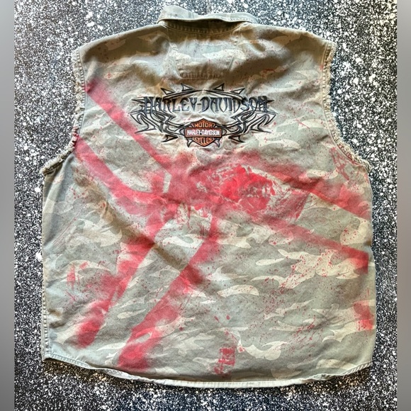 Harley-Davidson Camo Paint Splatter Sleeveless Button Down Shirt Size XL - Picture 3 of 4